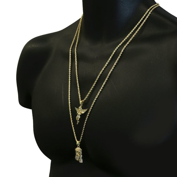 14k Gold Jesus Angel Set Pendant + Necklace - Picture 1 of 4